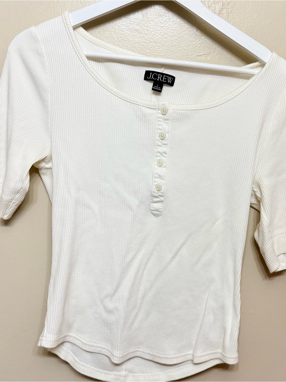 J. Crew Cream Henley Ribbed Button-Front Short Sleeve Top